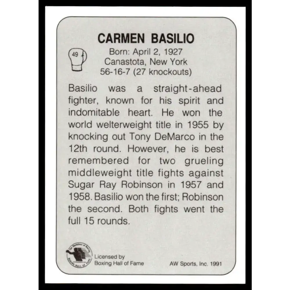 1991 All World #49 Carmen Basilio NM-MT Boxing Card - Other