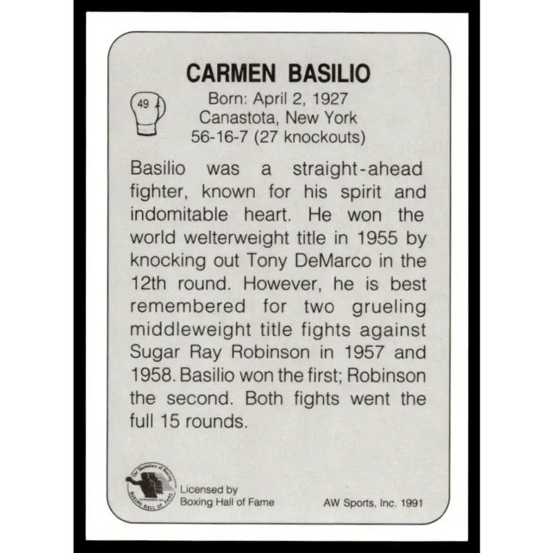 1991 All World #49 Carmen Basilio NM-MT Boxing Card - Other