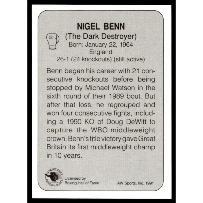 1991 All World #50 Nigel Benn NM-MT Boxing Card - Other