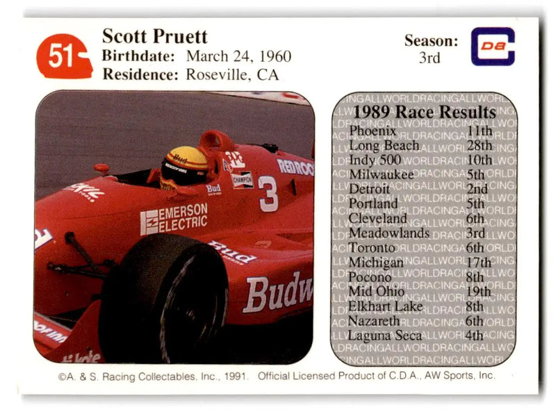 1991 All World #51 Scott Pruett - Racing Card Single