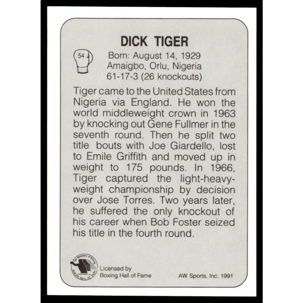 1991 All World #54 Dick Tiger NM-MT Boxing Card - Other