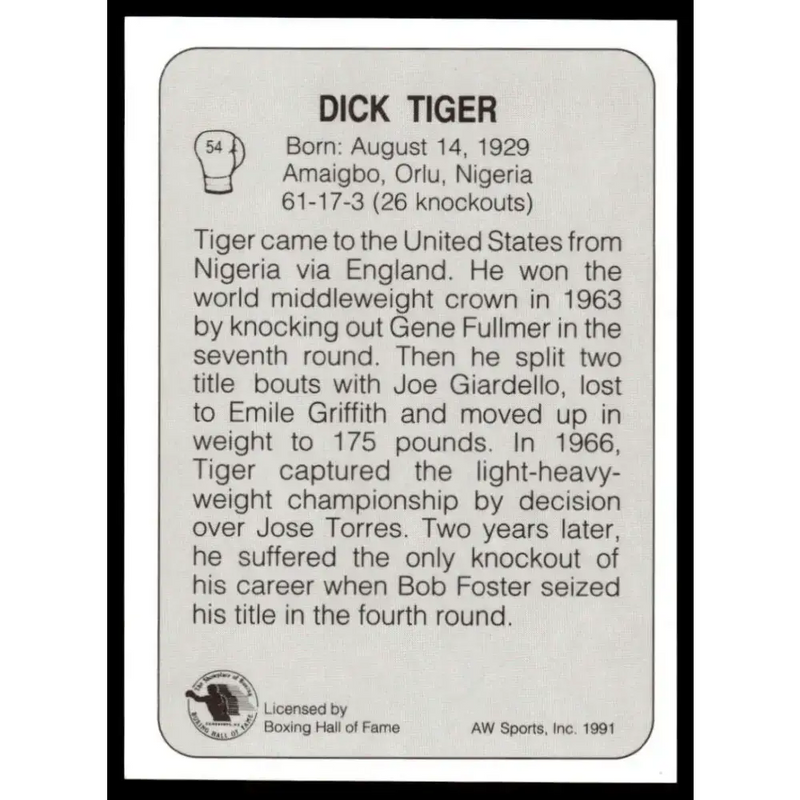 1991 All World #54 Dick Tiger NM-MT Boxing Card - Other