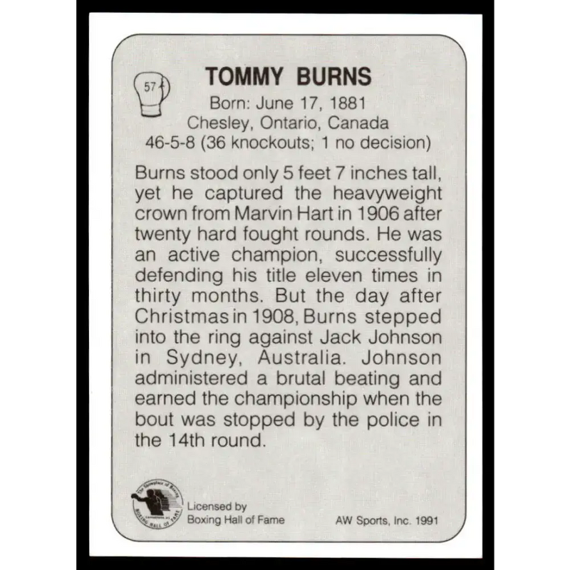 1991 All World #57 Tommy Burns NM-MT Boxing Card - Other