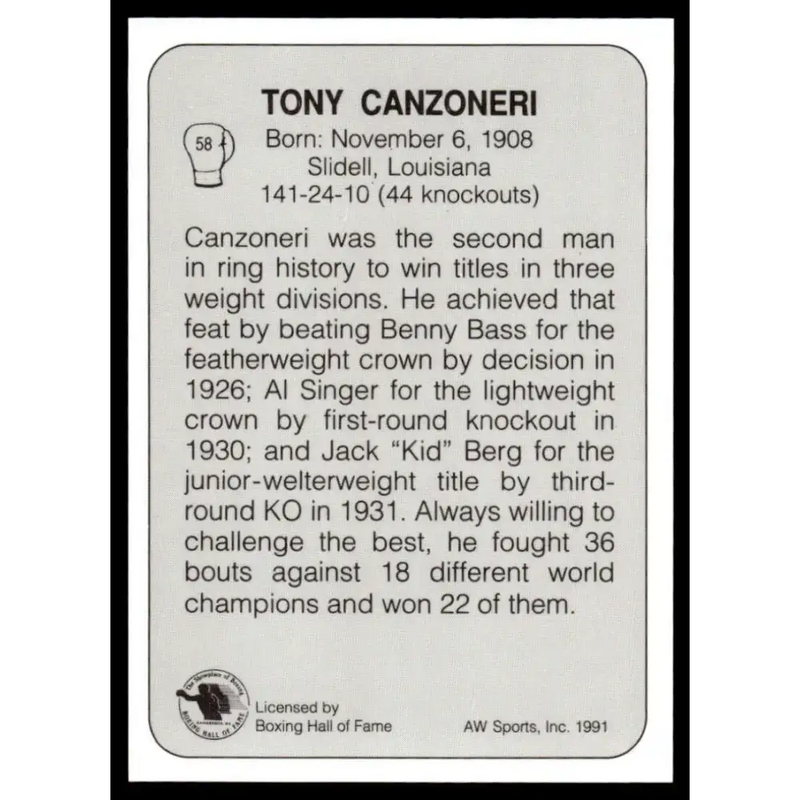 1991 All World #58 Tony Canzoneri NM-MT Boxing Card - Boxing Card Single