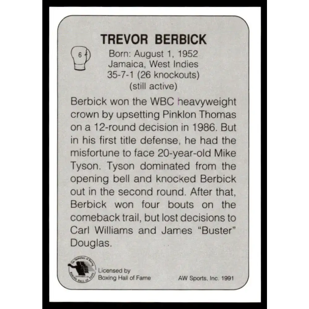 1991 All World #6 Trevor Berbick NM-MT Boxing Card - Other