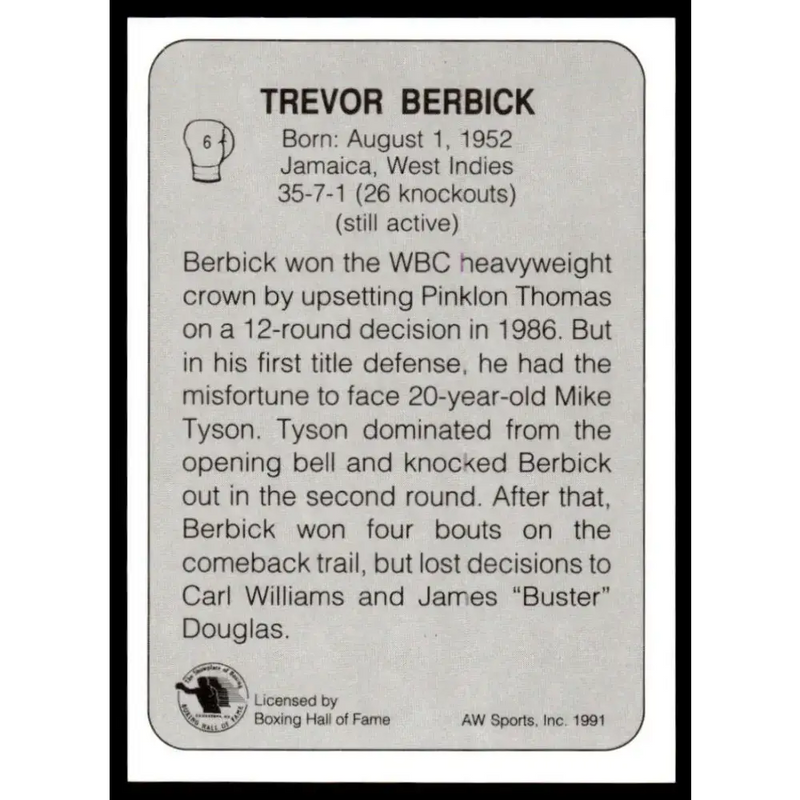 1991 All World #6 Trevor Berbick NM-MT Boxing Card - Other
