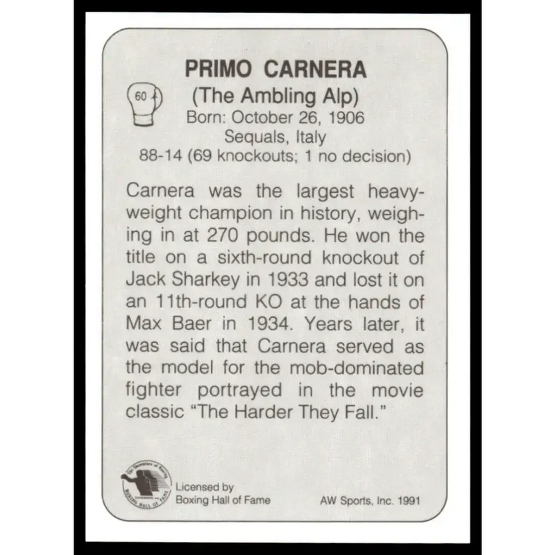 1991 All World #60 Primo Carnera NM-MT Boxing Card - Other