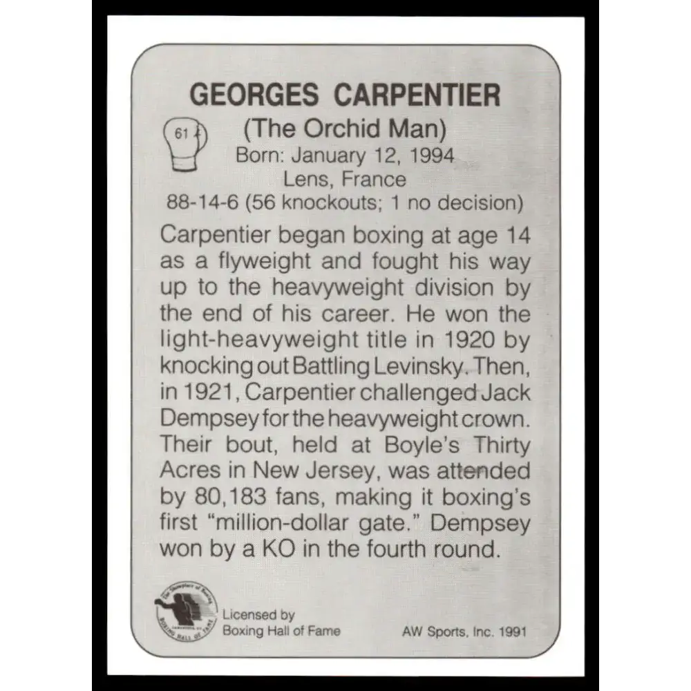 1991 All World #61 Georges Carpentier NM-MT Boxing Card - Other