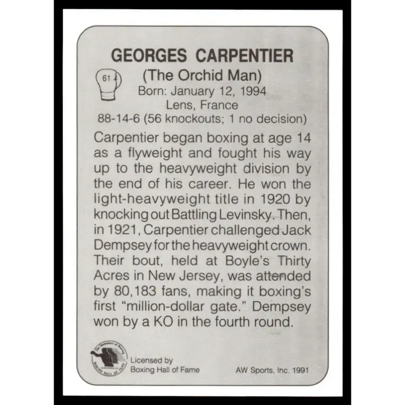 1991 All World #61 Georges Carpentier NM-MT Boxing Card - Other