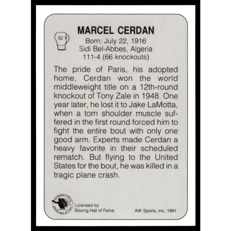 1991 All World #62 Marcel Cerdan NM-MT Boxing Card - Other