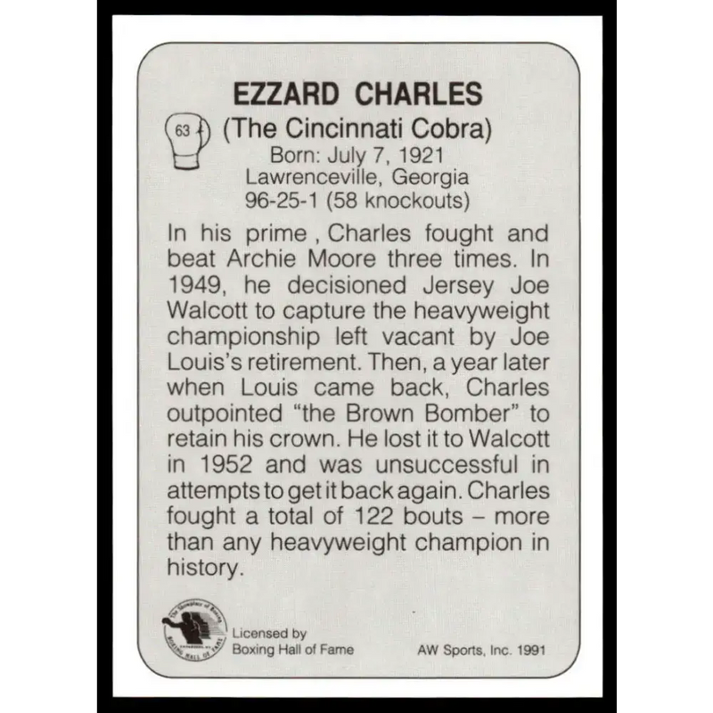 1991 All World #63 Ezzard Charles NM-MT Boxing Card - Other