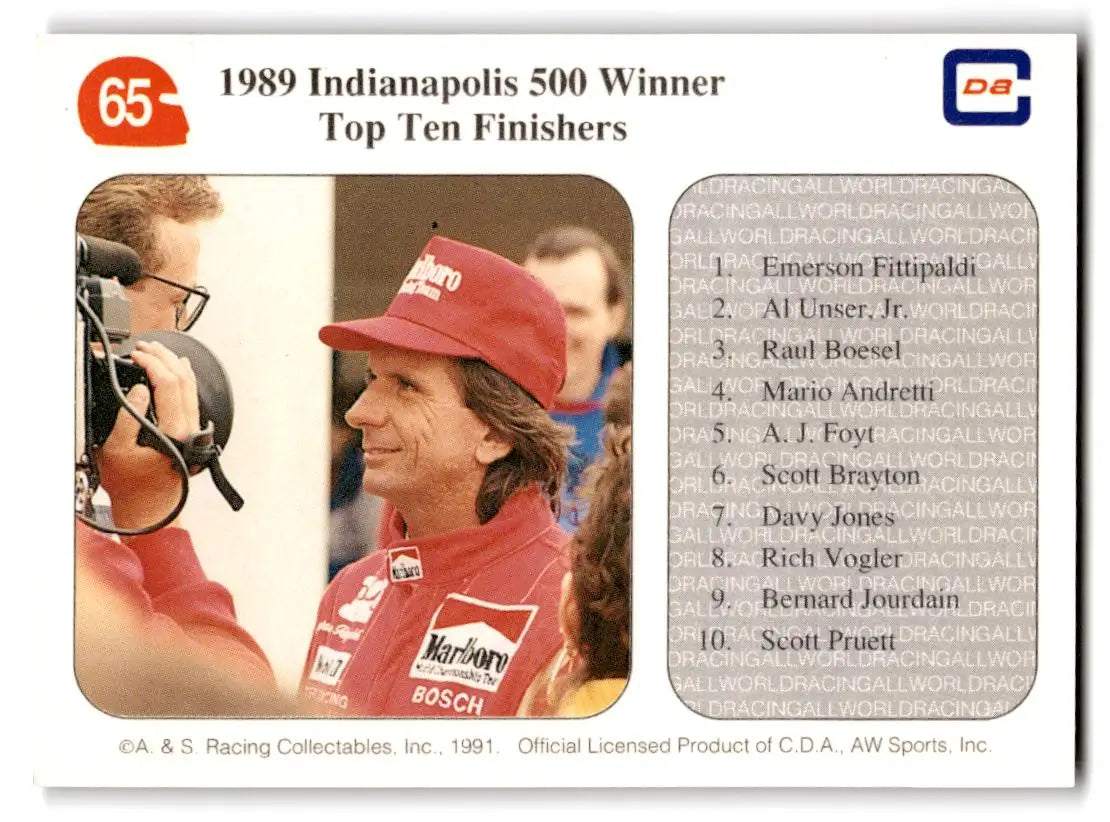 1991 All World #65 ’89 Indianapolis 500 Winner Emerson Fittipaldi - Racing Card Single