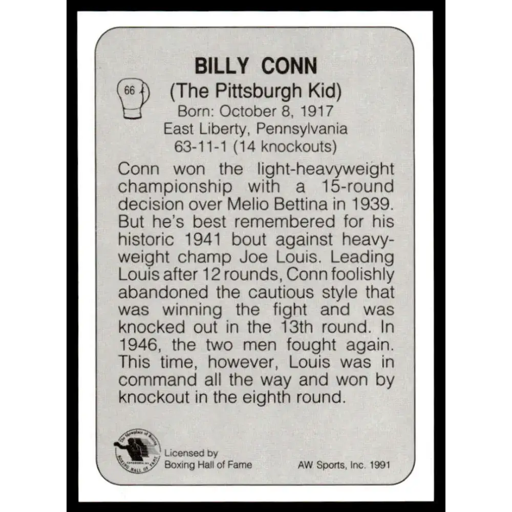 1991 All World #66 Billy Conn NM-MT Boxing Card - Other