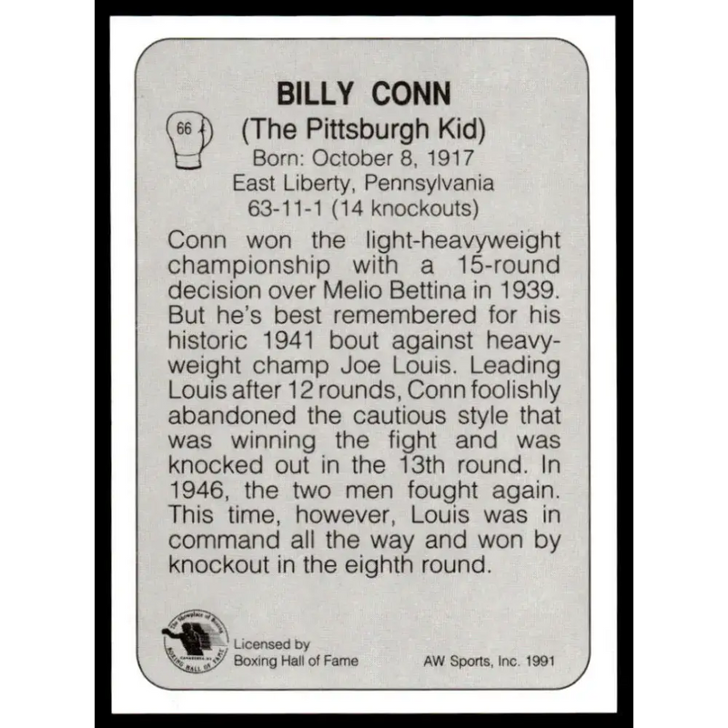 1991 All World #66 Billy Conn NM-MT Boxing Card - Other