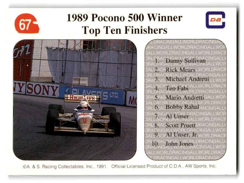 1991 All World #67 ’89 Pocono 500 Winner Danny Sullivan - Racing Card Single