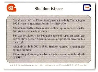 1991 All World #69 trading card featuring Sheldon Kinser in memory of his legacy