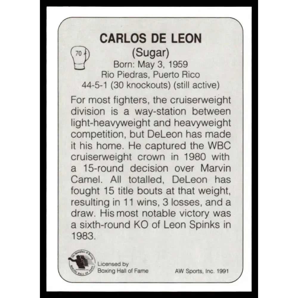 1991 All World #70 Carlos De Leon NM-MT Boxing Card - Other