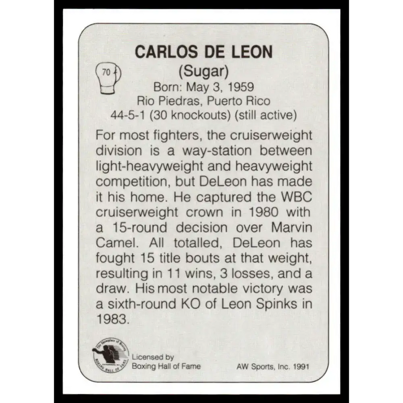 1991 All World #70 Carlos De Leon NM-MT Boxing Card - Other