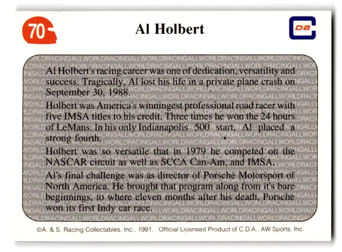 1991 All World #70 In Memory of Al Holbert - Racing Card Single
