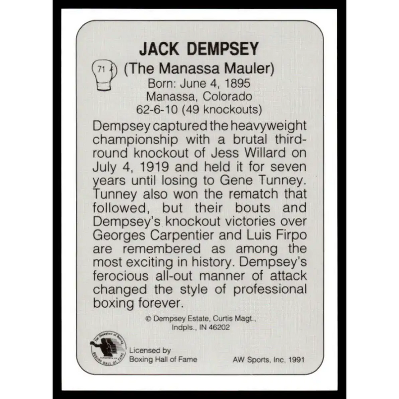 1991 All World #71 Jack Dempsey NM-MT Boxing Card - Other