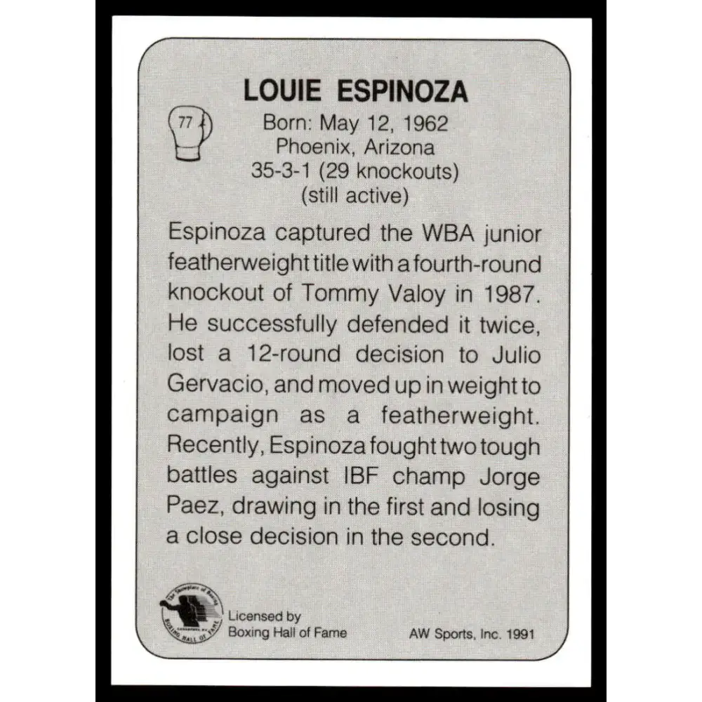 1991 All World #77 Louie Espinoza NM-MT Boxing Card - Boxing Card Single