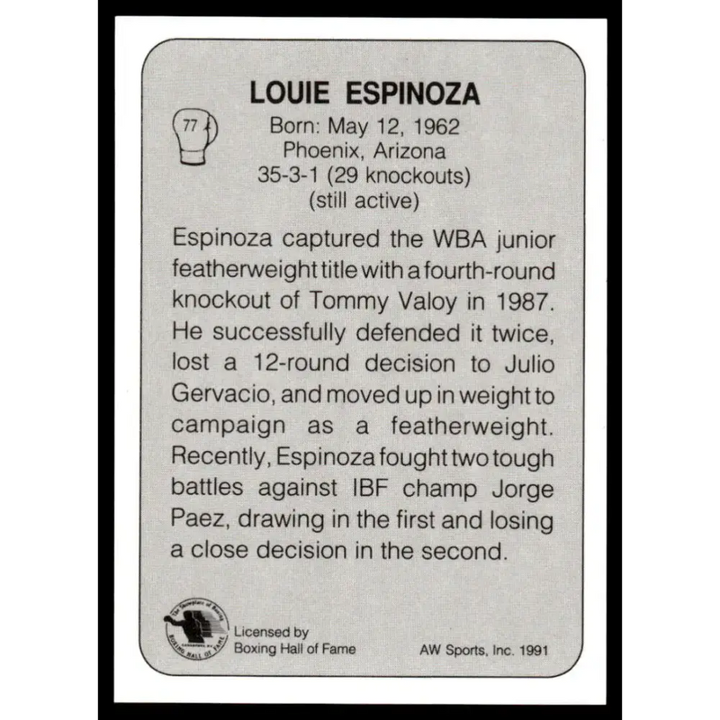 1991 All World #77 Louie Espinoza NM-MT Boxing Card - Boxing Card Single