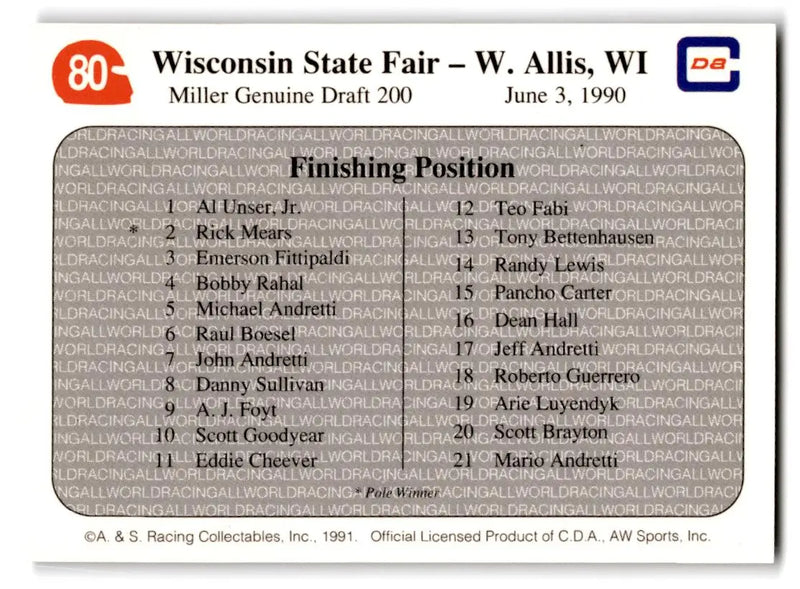 1991 All World #80 ’90 Milwaukee Race - Racing Card Single