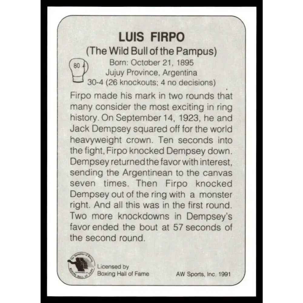 1991 All World #80 Luis Firpo NM-MT Boxing Card - Boxing Card Single