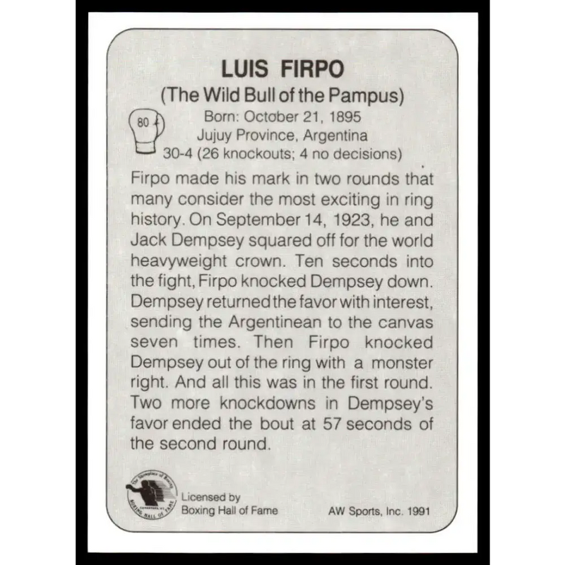 1991 All World #80 Luis Firpo NM-MT Boxing Card - Boxing Card Single
