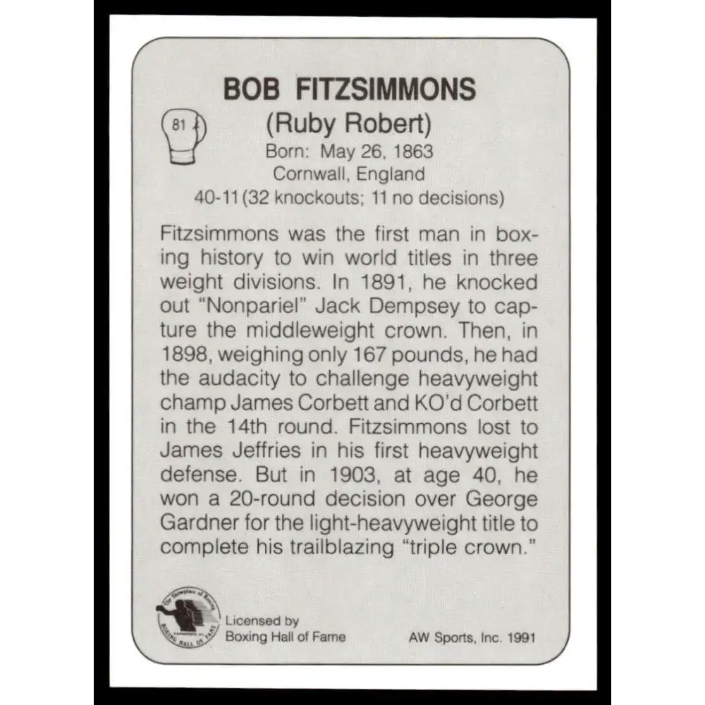 1991 All World #81 Bob Fitzsimmons NM-MT Boxing Card - Other