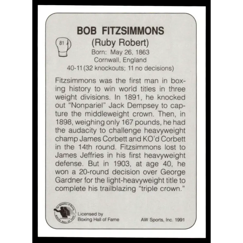 1991 All World #81 Bob Fitzsimmons NM-MT Boxing Card - Other