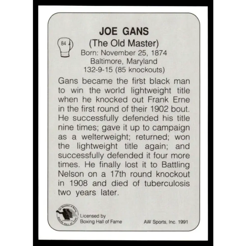 1991 All World #84 Joe Gans NM-MT Boxing Card - Other