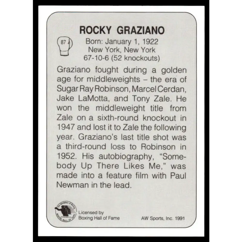 1991 All World #87 Rocky Graziano NM-MT Boxing Card - Other