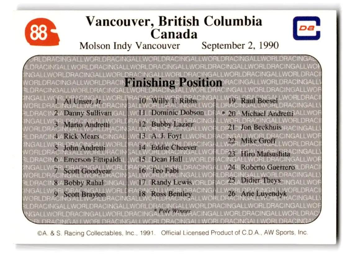 1991 All World #88 ’90 Vancouver Race - Racing Card Single