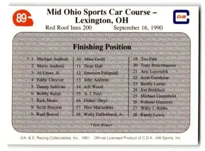 1991 All World #89 ’90 Mid Ohio Race - Racing Card Single