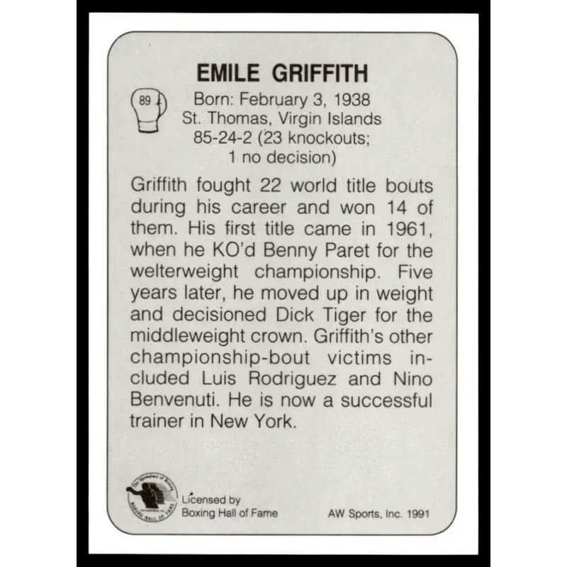 1991 All World #89 Emile Griffith NM-MT Boxing Card - Other
