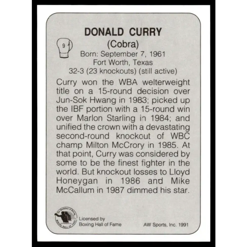 1991 All World #9 Donald Curry NM-MT Boxing Card - Other