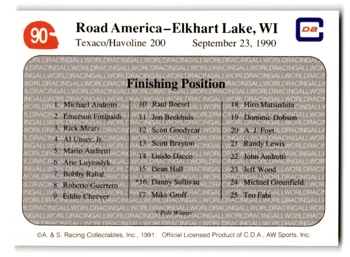 1991 All World #90 ’90 Elkhart Lake Race - Racing Card Single