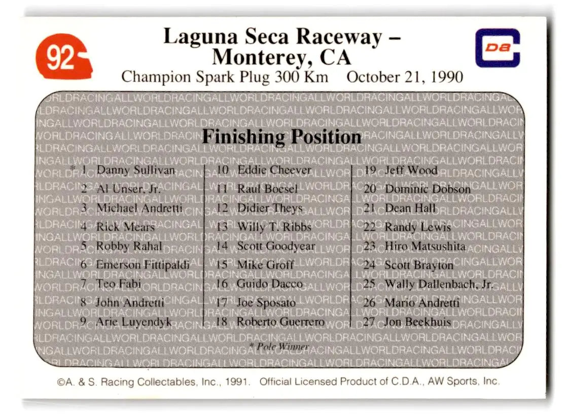 1991 All World #92 ’90 Laguna Seca Race - Racing Card Single