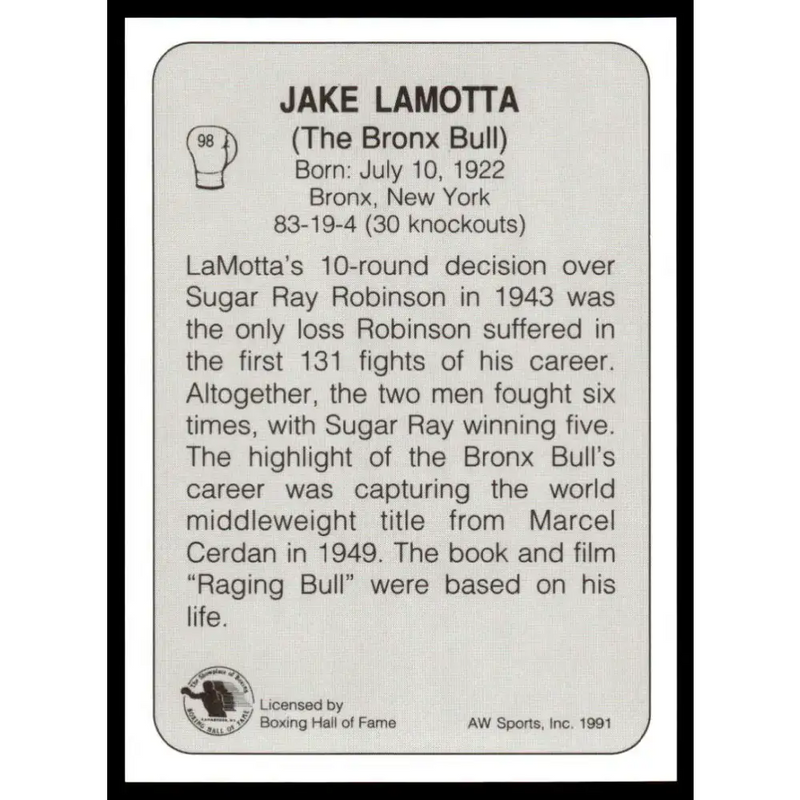 1991 All World #98 Jake Lamotta NM-MT Boxing Card - Other