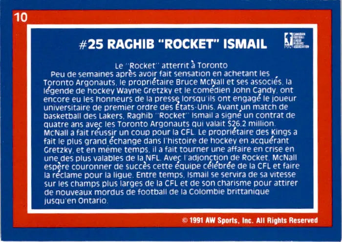 1991 All World CFL #10 Raghib Ismail - Football Card Single