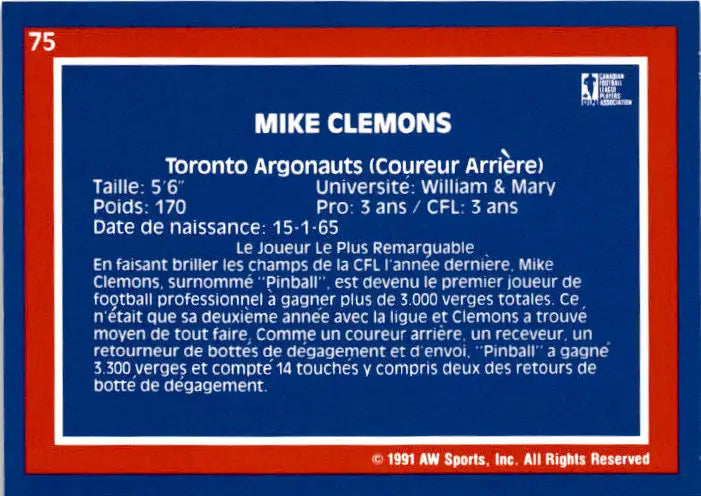 1991 All World CFL #75 Mike Clemons - Football Card Single
