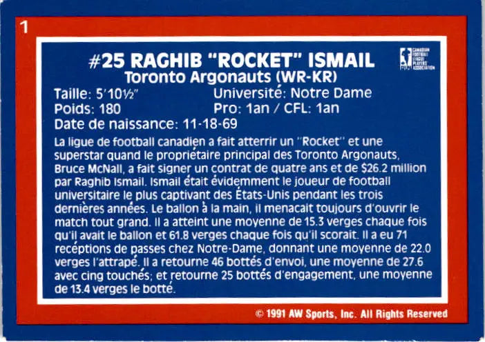 1991 All World CFL French #1 Rocket Ismail - Football Card Single