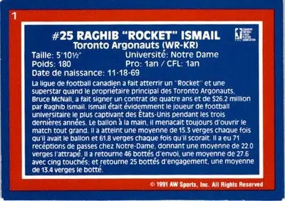 1991 All World CFL French #1 Rocket Ismail - Football Card Single