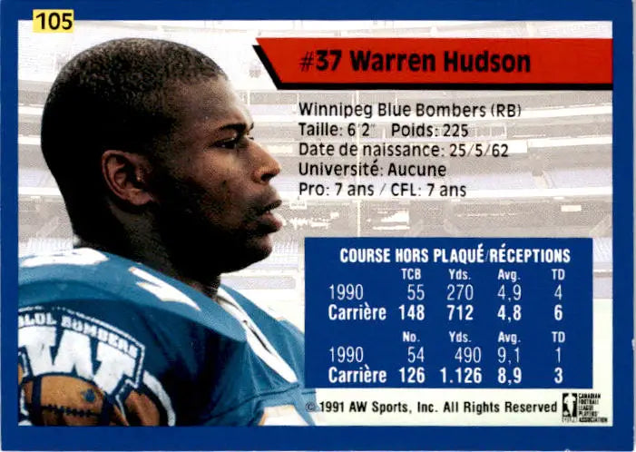 1991 All World CFL French #105 Warren Hudson - Football Card Single