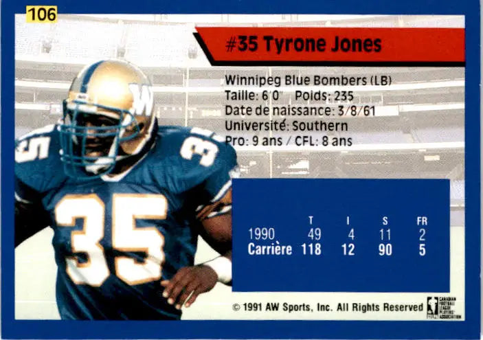 1991 All World CFL French #106 Tyrone Jones - Football Card Single