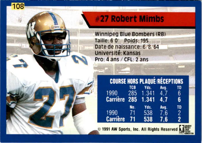 1991 All World CFL French #108 Robert Mimbs - Football Card Single