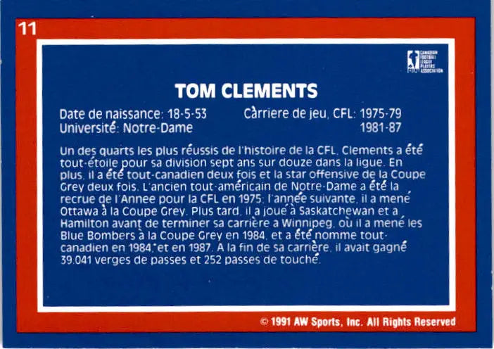 1991 All World CFL French #11 Tom Clements - Football Card Single