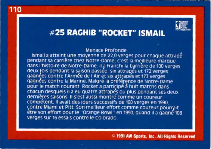 1991 All World CFL French #110 Raghib Ismail - Football Card Single