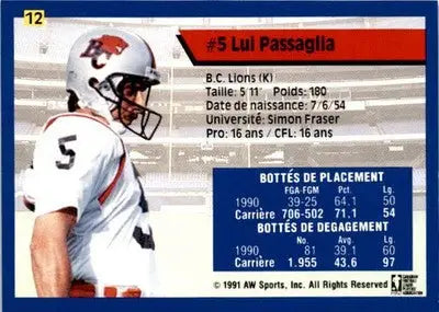 1991 All World CFL French #12 Lui Passaglia - Football Card Single